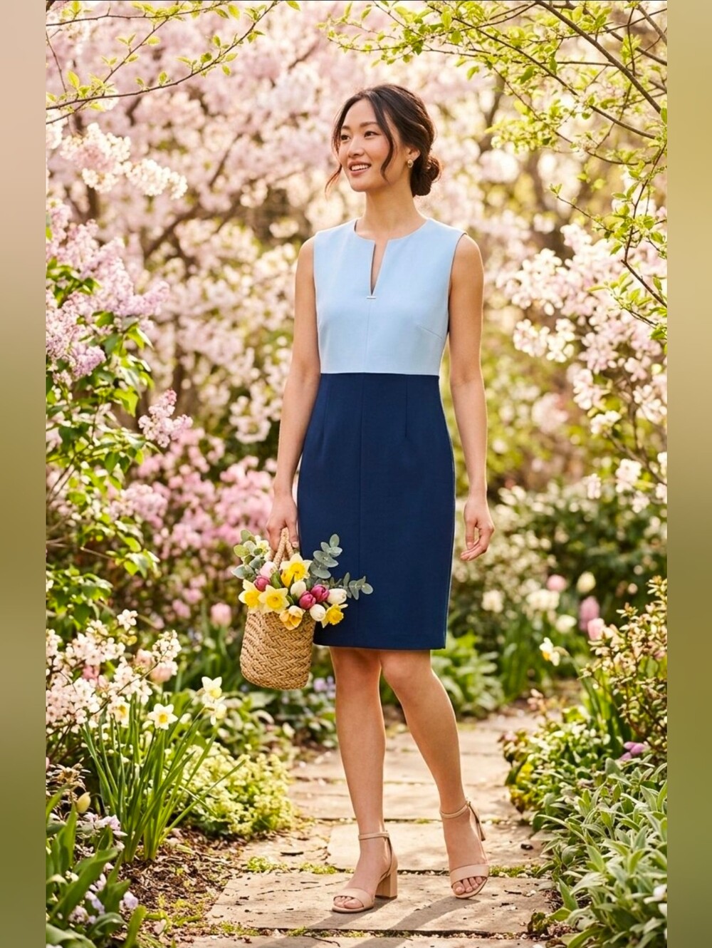 Boss Sleeveless Two-Tone Blue Sheath Dress